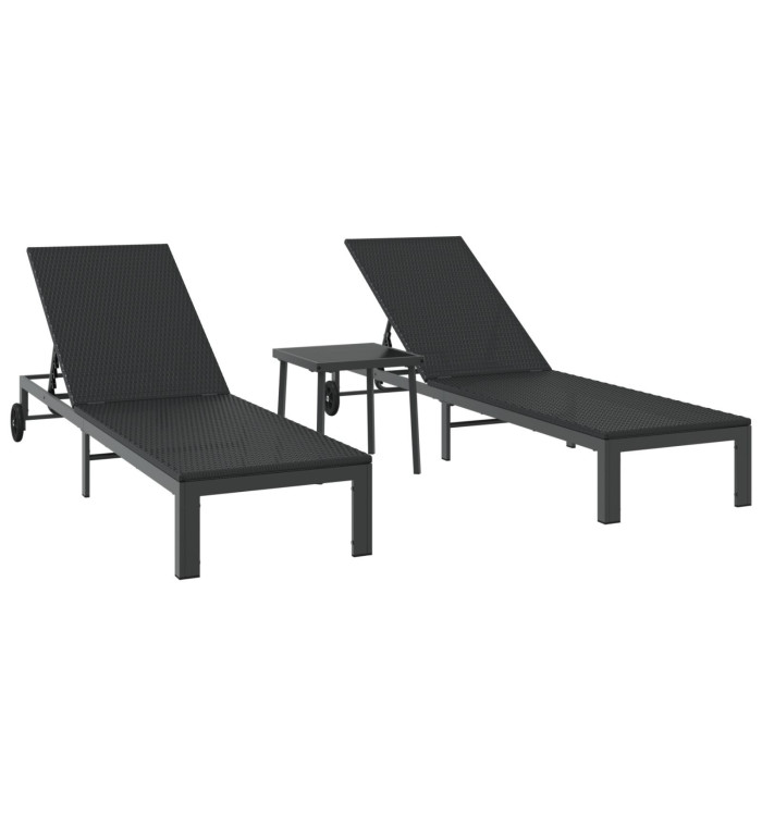 Chaises longues 2 pcs avec roues et table Noir Poly Rattan | Mobilier & Déco