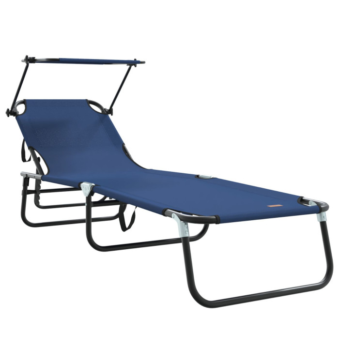 Chaise longue pliante avec auvent bleu en tissu Oxford 600D | Mobilier & Déco