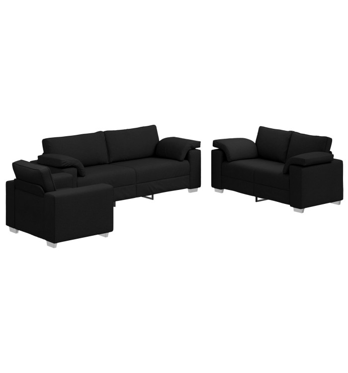 Ensemble de canapé 3 pièces avec coussins en tissu noir | Mobilier & Déco