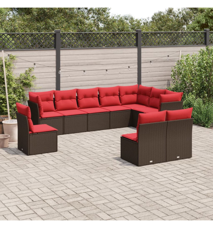 Salon de jardin 10 pcs avec coussins marron résine tressée | Mobilier & Déco