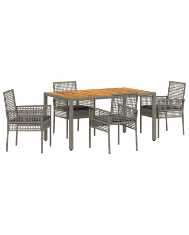 Ensemble de salle à manger de jardin 5 pièces avec coussins gris en poly rotin | Mobilier & Déco