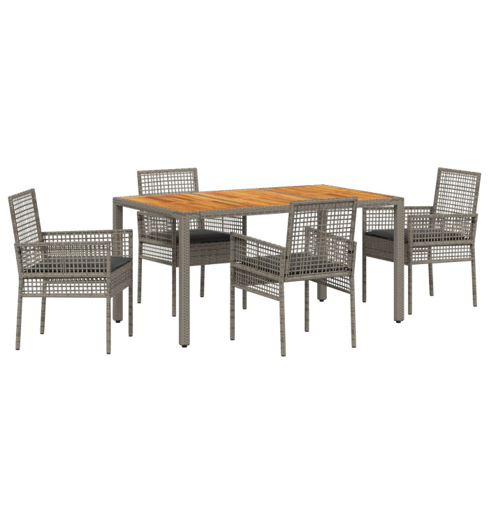 Ensemble de salle à manger de jardin 5 pièces avec coussins gris en poly rotin | Mobilier & Déco