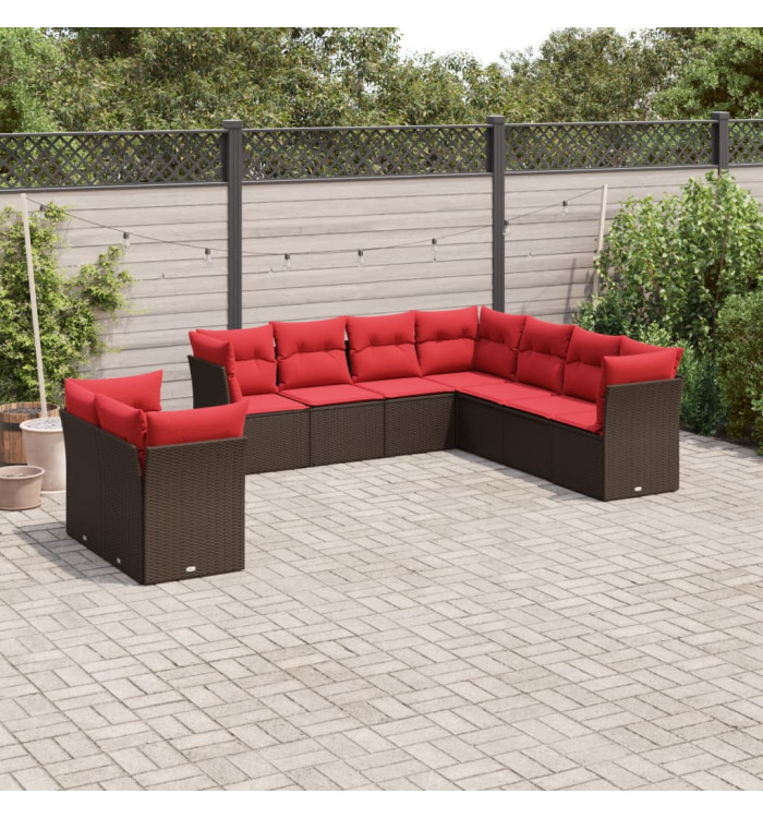 Salon de jardin avec coussins 9 pcs marron résine tressée | Mobilier & Déco