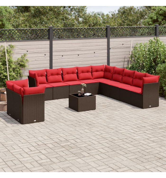 Salon de jardin avec coussins 12 pcs marron résine tressée | Mobilier & Déco