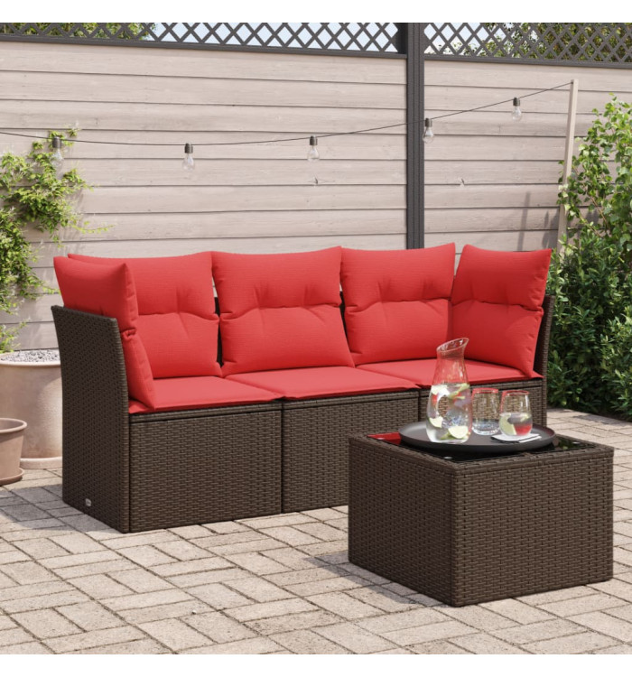 Salon de jardin 4 pcs avec coussins marron résine tressée | Mobilier & Déco