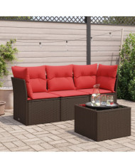 Salon de jardin 4 pcs avec coussins marron résine tressée | Mobilier & Déco