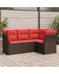 Salon de jardin 4 pcs avec coussins marron résine tressée | Mobilier & Déco