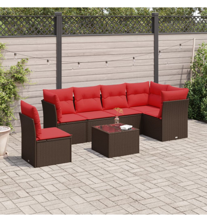 Salon de jardin avec coussins 7 pcs marron résine tressée | Mobilier & Déco