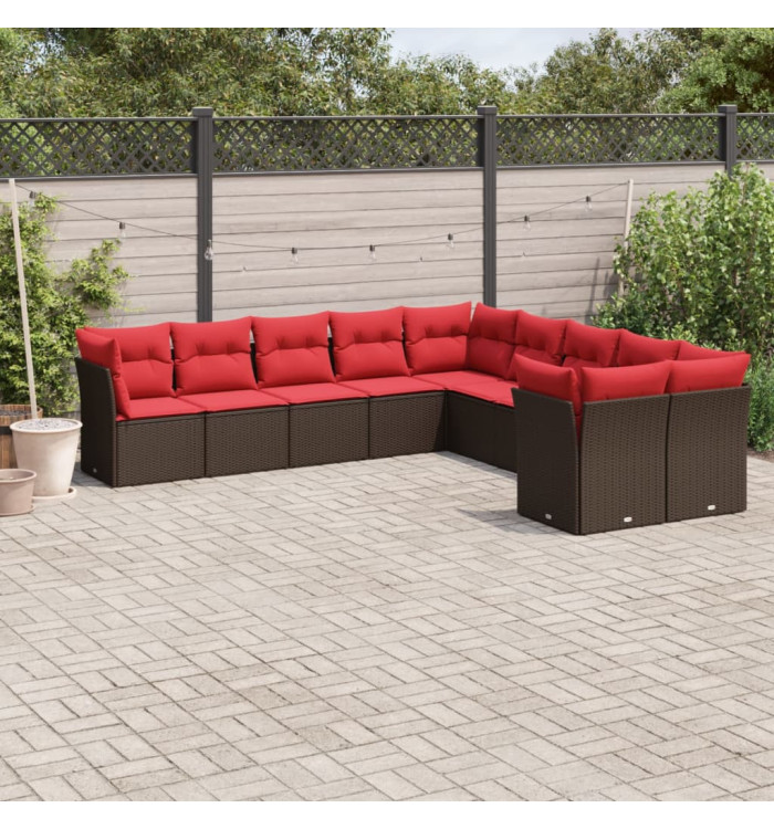 Salon de jardin 10 pcs avec coussins marron résine tressée | Mobilier & Déco