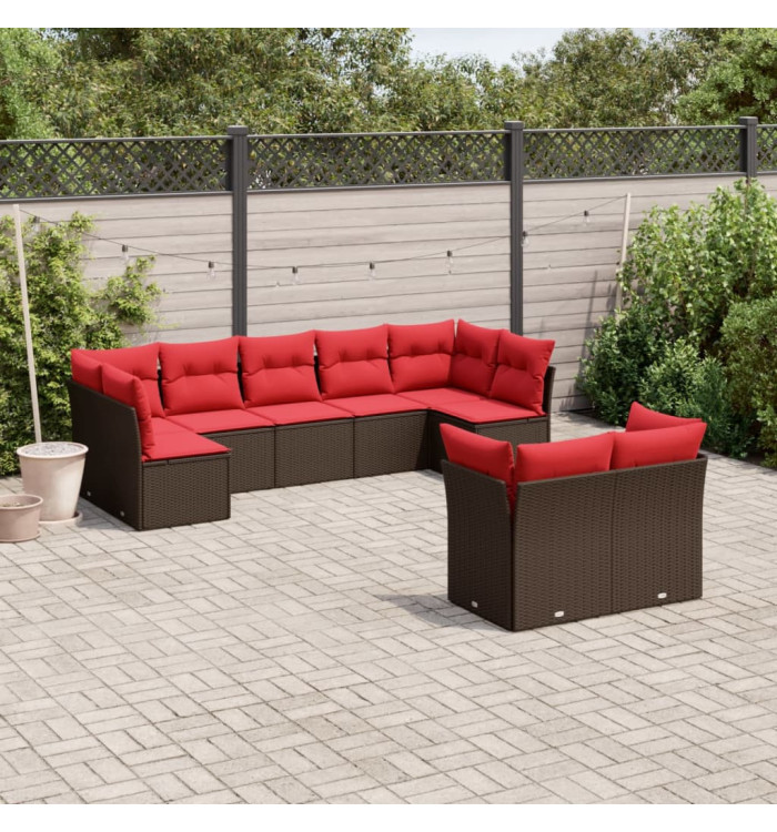 Salon de jardin avec coussins 9 pcs marron résine tressée | Mobilier & Déco