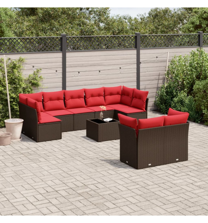 Salon de jardin 10 pcs avec coussins marron résine tressée | Mobilier & Déco