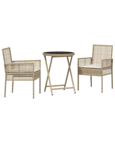 Ensemble de Bistro de Jardin 3 Pièces avec Coussins Beige en Poly Rattan | Mobilier & Déco