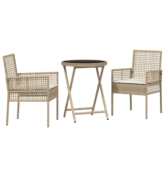 Ensemble de Bistro de Jardin 3 Pièces avec Coussins Beige en Poly Rattan | Mobilier & Déco