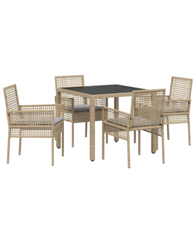 Ensemble de salle à manger de jardin 5 pièces avec coussins en poly rotin beige | Mobilier & Déco
