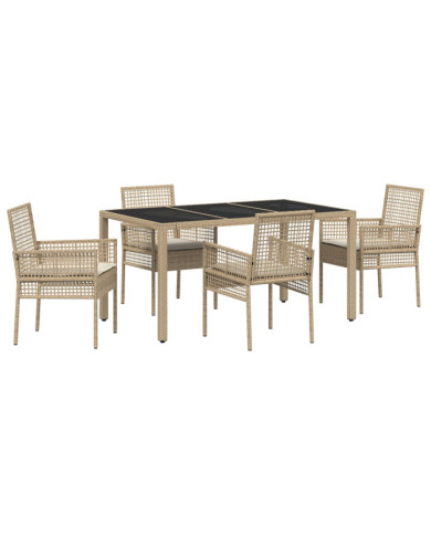 Ensemble de salle à manger de jardin 5 pièces avec coussins beige en poly rotin | Mobilier & Déco