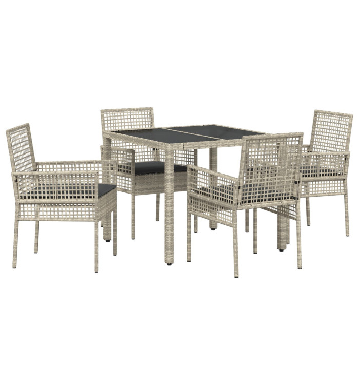 Ensemble de salle à manger de jardin 5 pièces avec coussins en poly rotin gris clair | Mobilier & Déco