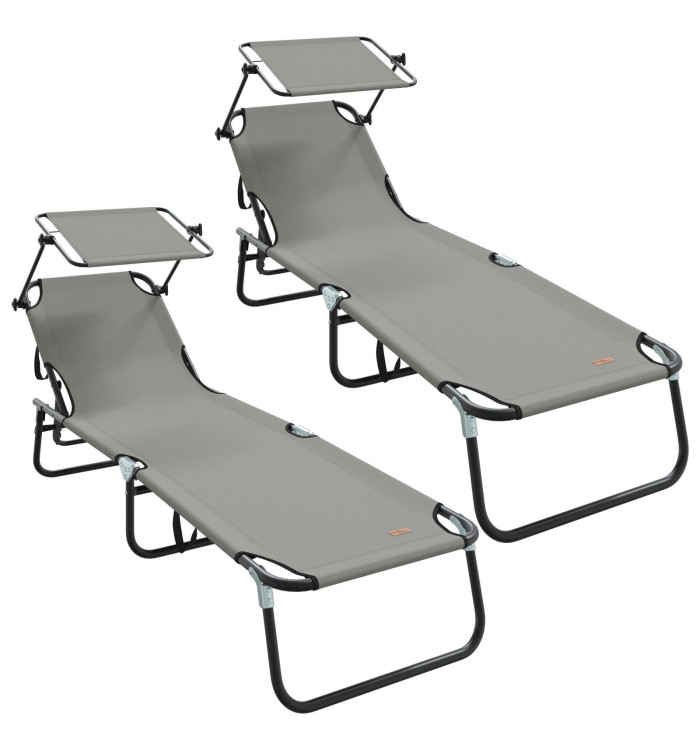 2 pcs Chaises longues pliantes avec auvent Gris Tissu Oxford 600D | Mobilier & Déco