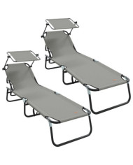 2 pcs Chaises longues pliantes avec auvent Gris Tissu Oxford 600D | Mobilier & Déco