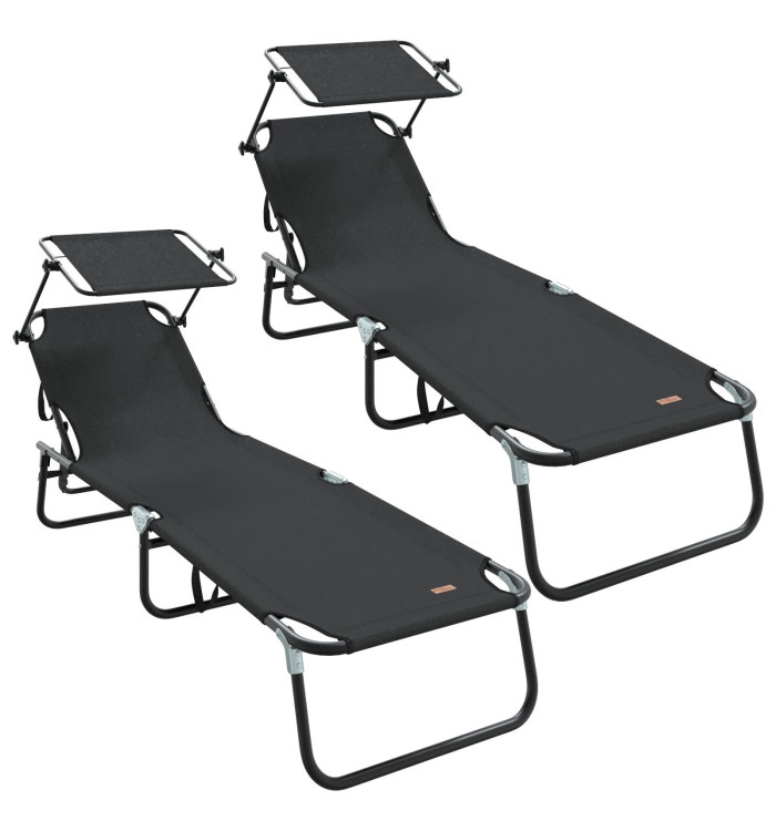 Chaises longues pliantes 2 pcs avec auvent Noir tissu Oxford 600D | Mobilier & Déco