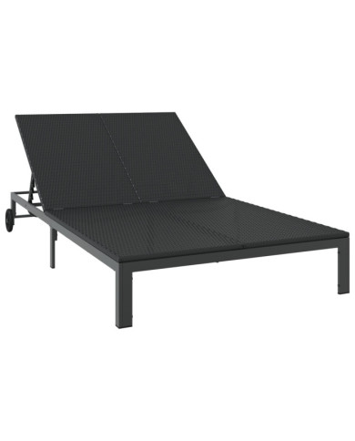 Chaise longue avec coussins et roues pour 2 personnes en poly rattan noir | Mobilier & Déco