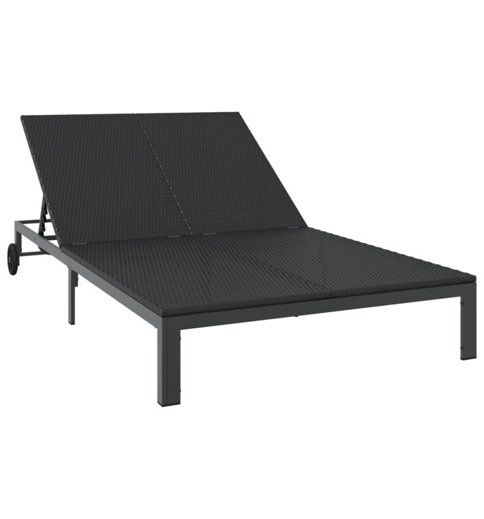 Chaise longue avec coussins et roues pour 2 personnes en poly rattan noir | Mobilier & Déco