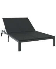 Chaise longue avec coussins et roues pour 2 personnes en poly rattan noir | Mobilier & Déco
