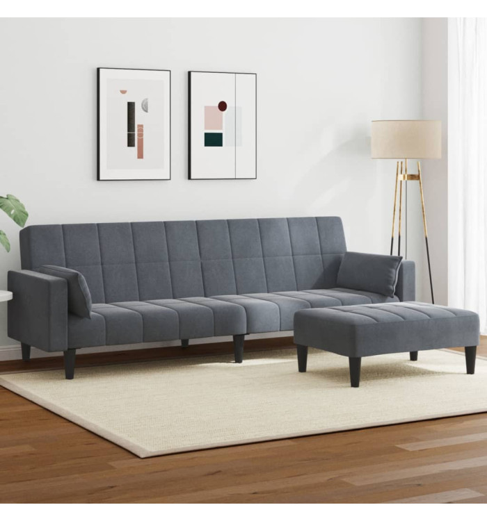 Canapé-lit à 2 places avec repose-pied gris foncé velours | Mobilier & Déco
