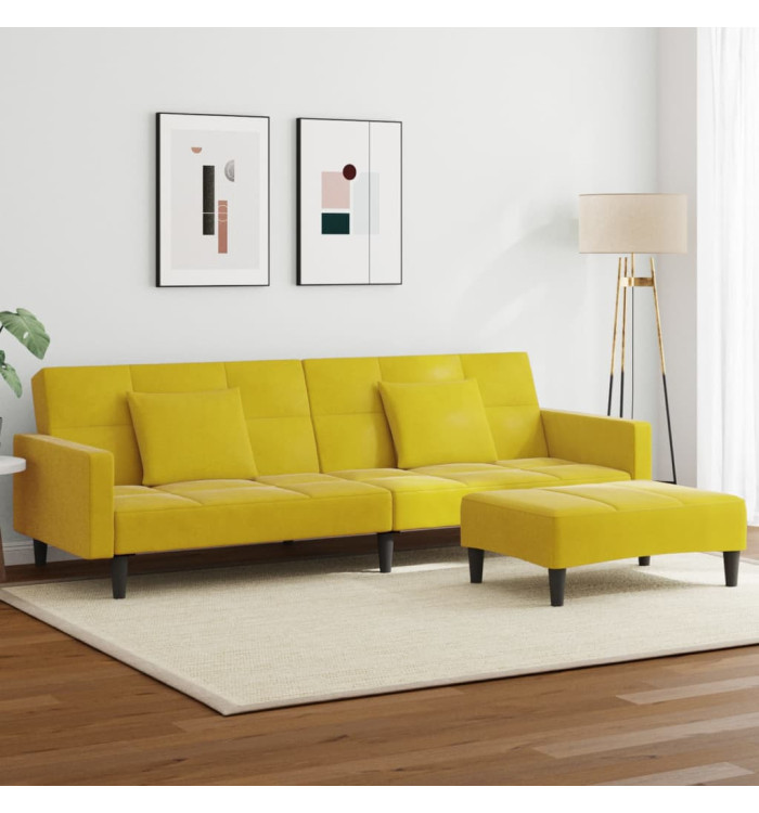 Canapé-lit à 2 places avec repose-pied jaune velours | Mobilier & Déco