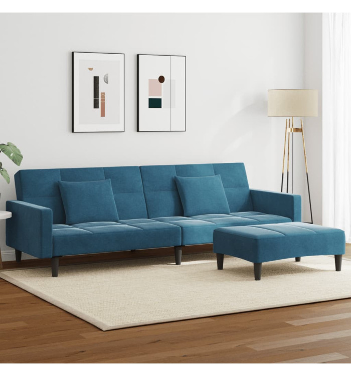 Canapé-lit à 2 places avec repose-pied bleu velours | Mobilier & Déco