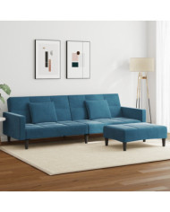 Canapé-lit à 2 places avec repose-pied bleu velours | Mobilier & Déco