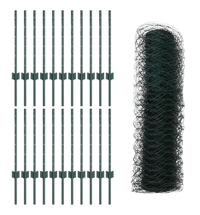 Poteaux de Clôture 11 pcs U-Channel Vert 60 cm Acier, Clôture Hexagonale Verte 0.5x50 m Acier | Mobilier & Déco