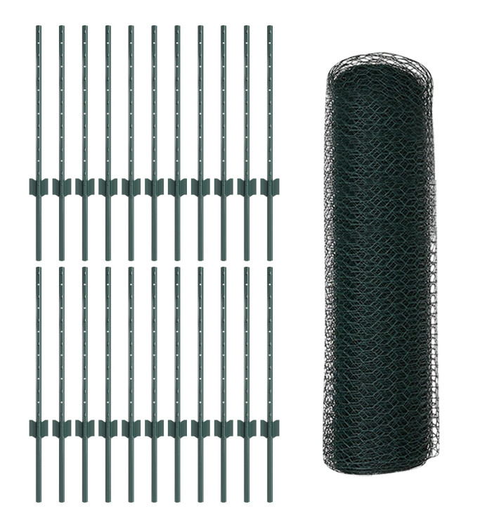 Poteaux de Clôture 11 pcs U-Channel Vert 60 cm Acier, Clôture Hexagonale Verte 0.5x50 m Acier | Mobilier & Déco