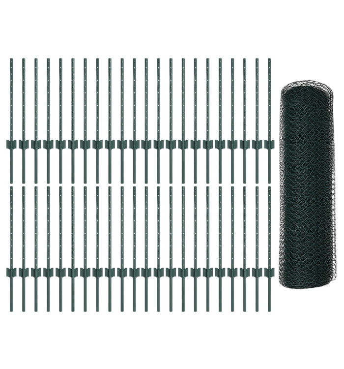 Poteaux de clôture 11 pcs U-Channel Vert 60 cm Acier, Clôture hexagonale Verte 0.6x100 m Acier | Mobilier & Déco