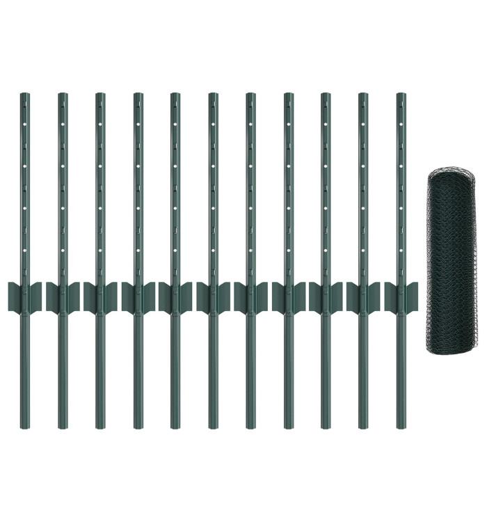 Poteaux de clôture 11 pcs U-Channel Vert 40 cm Acier, Clôture hexagonale Verte 0,4x25 m Acier | Mobilier & Déco