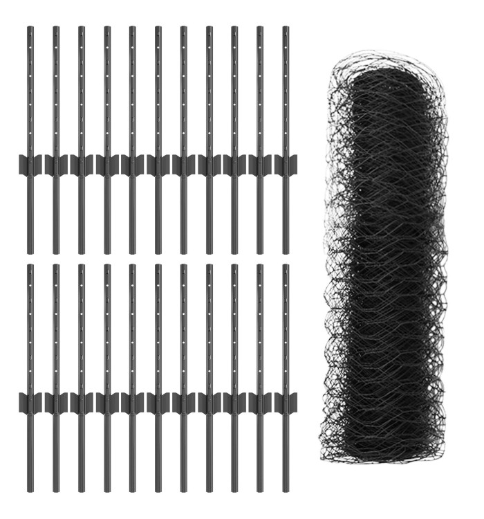 Poteaux de Clôture 11 pcs U-Channel Gris 40 cm Acier, Clôture Hexagonale Gris 0,4x50 m Acier | Mobilier & Déco