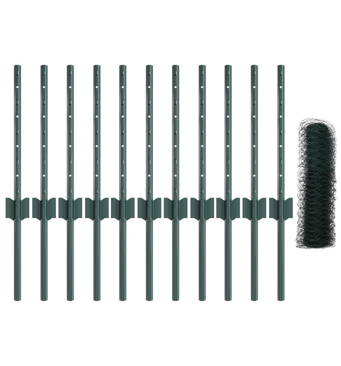Poteaux de clôture 11 pcs U-Channel Vert 40 cm Acier, Clôture hexagonale Verte 0,4x25 m Acier | Mobilier & Déco