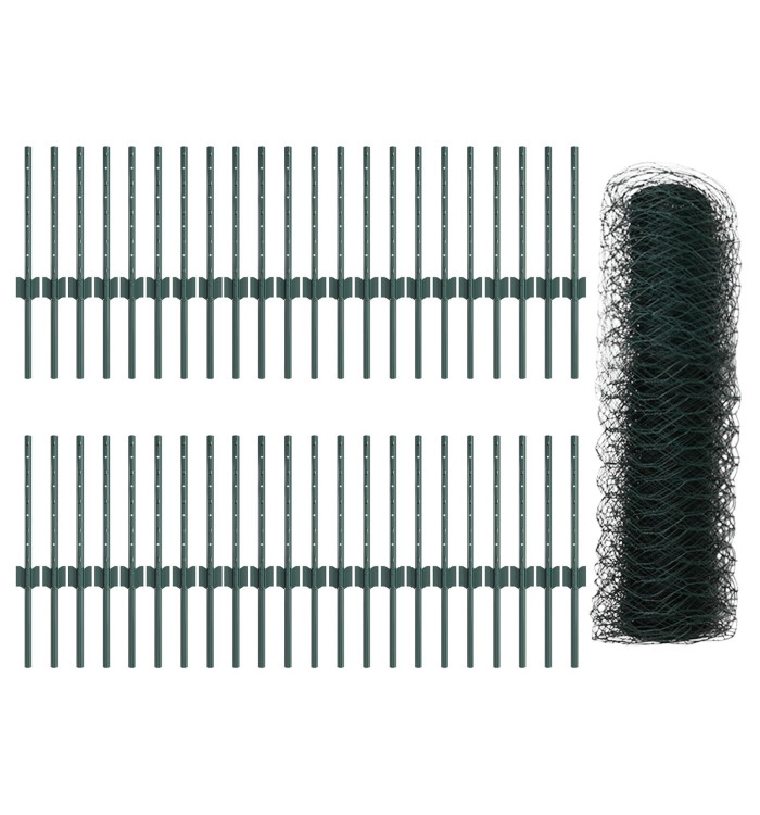 Poteaux de Clôture 11 pcs U-Channel Vert 40 cm Acier, Clôture Hexagonale Verte 0,4x100 m Acier | Mobilier & Déco