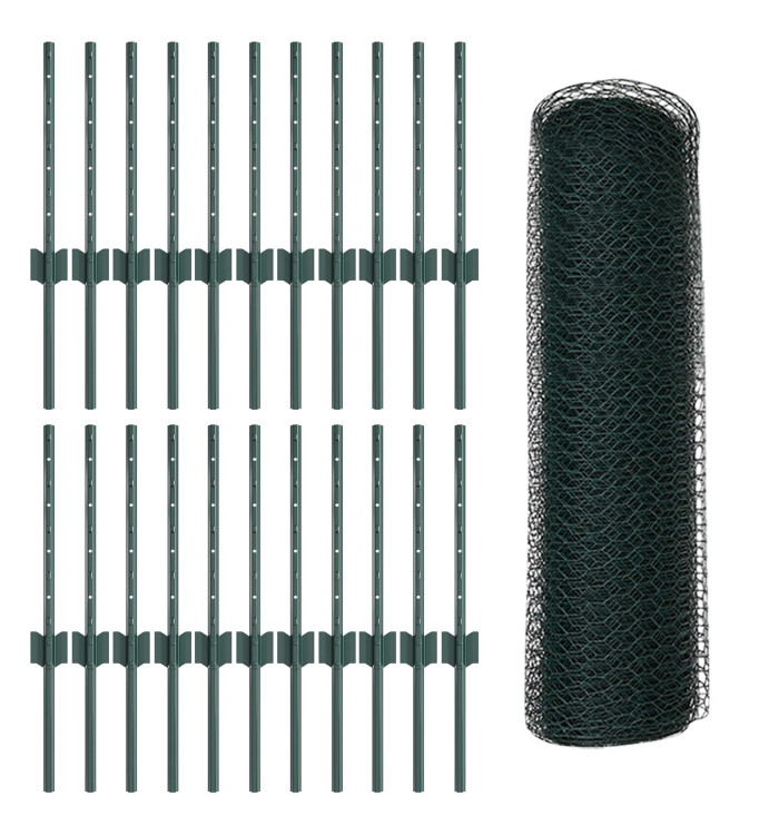 Poteaux de clôture 11 pcs U-Channel Vert 40 cm Acier, Clôture Hexagonale Verte 0.4x50 m Acier | Mobilier & Déco