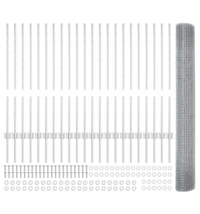 Clôture en fil soudé avec 44 poteaux en U Argent 1x50 m Acier | Mobilier & Déco