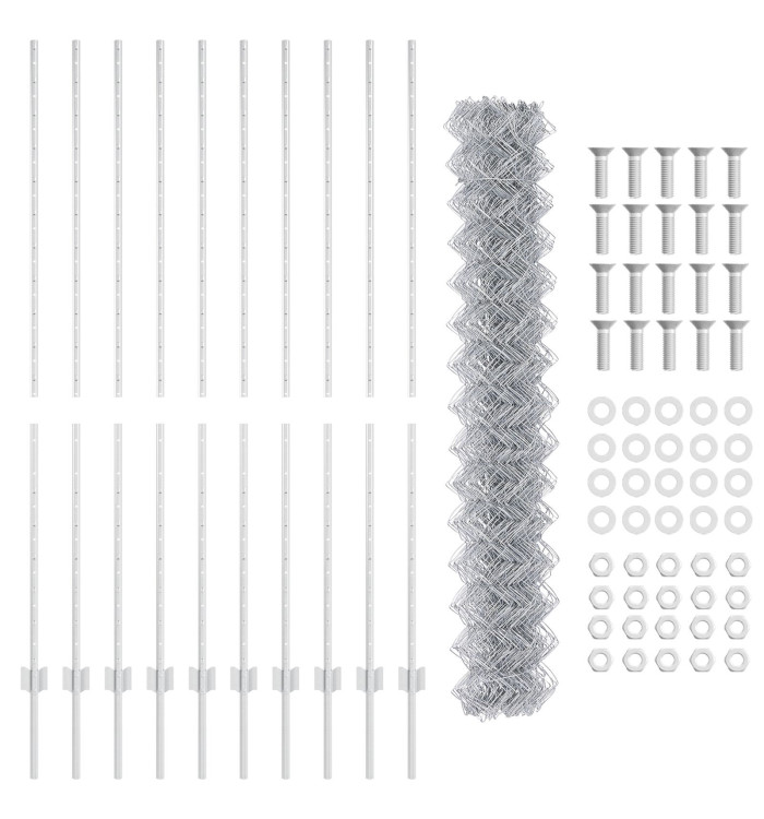 Clôture en Maillon avec 20 Pieux U Argent 1.5x10 m Acier | Mobilier & Déco