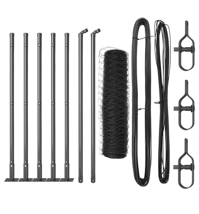 Clôture hexagonale grise 0.5x10 m en acier, Poteaux de clôture avec plaques de base 7 pcs Ø32mm 70cm en acier galvanisé | Mobi