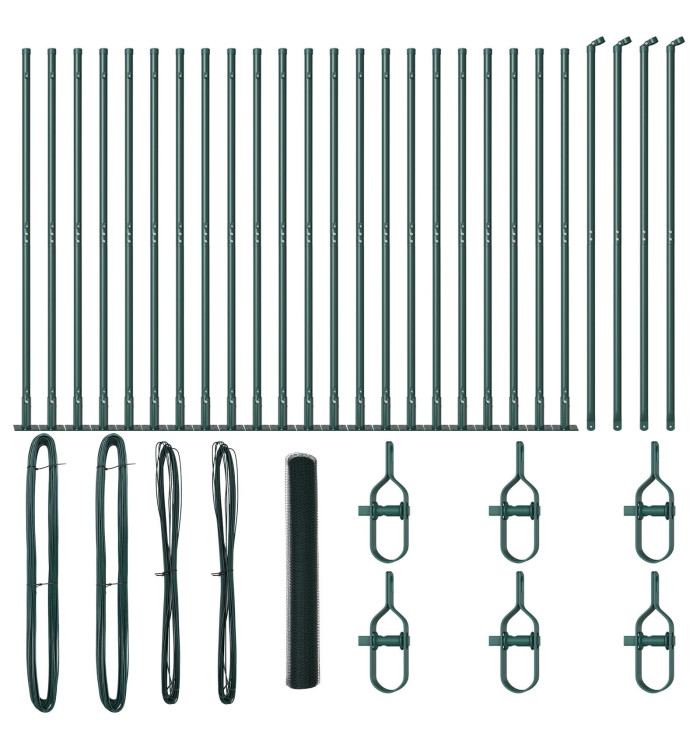 Clôture Hexagonale Verte 1.2x50 m en Acier, Poteaux de Clôture avec Plaques de Base 13 pcs Ø32mm 68.5cm en Acier Galvanisé | M