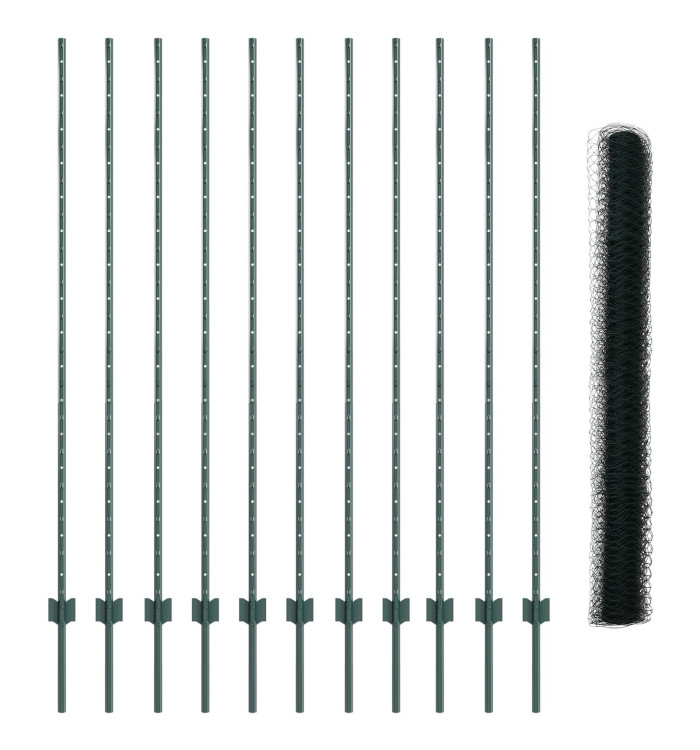 Poteaux de clôture 11 pcs U-Channel Vert 160 cm Acier, Clôture hexagonale Verte 1,6x25 m Acier | Mobilier & Déco