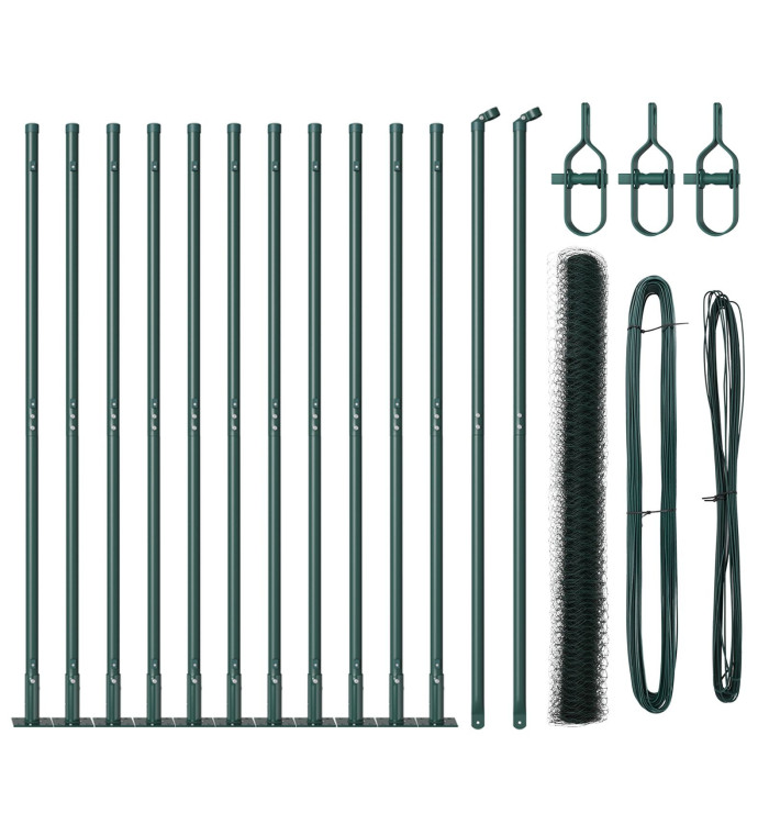 Clôture Hexagonale Verte 1.6x25 m Acier, Poteaux de Clôture avec Platines de Base 13 pcs Ø32mm 88.5cm Acier Galvanisé | Mobili