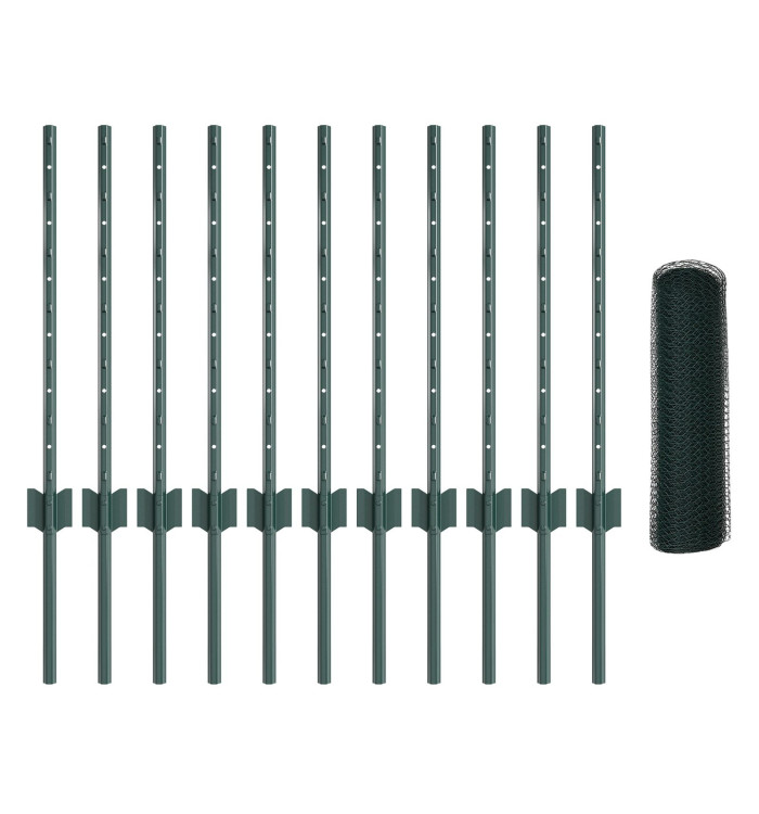 Poteaux de clôture 11 pcs U-Channel Vert 60 cm Acier, Clôture Hexagonale Verte 0.6x25 m Acier | Mobilier & Déco