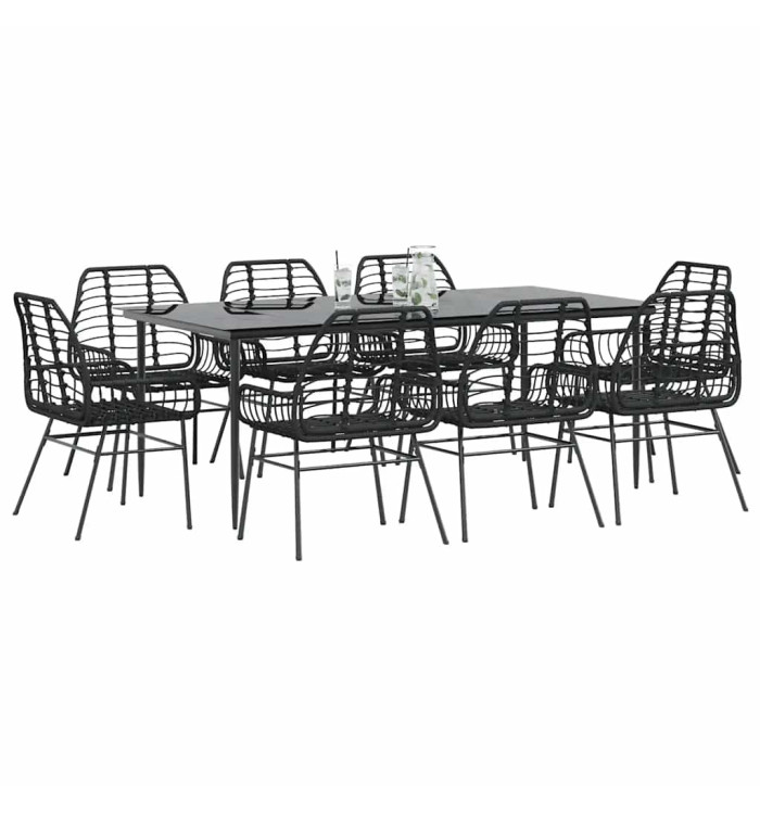 Ensemble à manger de jardin 9pcs noir poly rotin verre | Mobilier & Déco