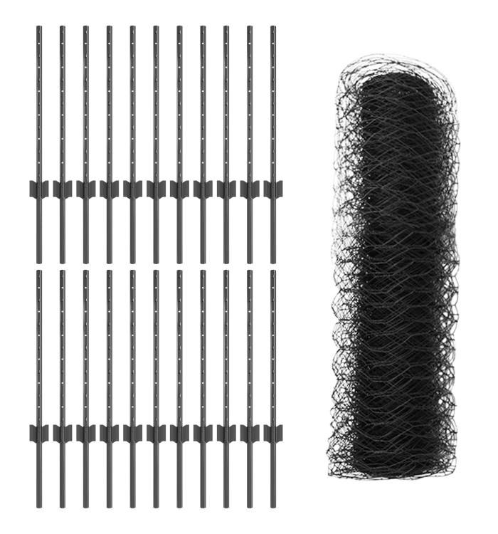 Poteaux de Clôture 11 pcs U-Channel Gris 60 cm Acier, Clôture Hexagonale Grise 0,6x50 m Acier | Mobilier & Déco