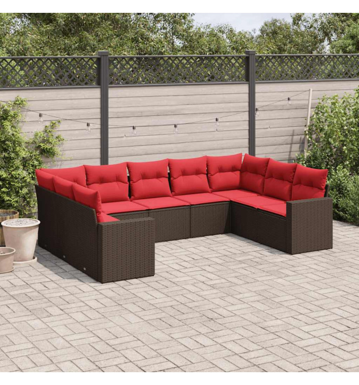 Salon de jardin avec coussins 9 pcs marron résine tressée | Mobilier & Déco