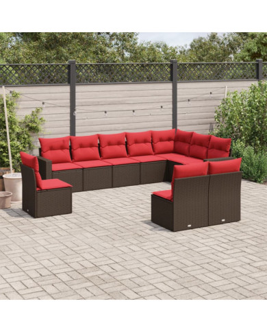 Salon de jardin 10 pcs avec coussins marron résine tressée | Mobilier & Déco