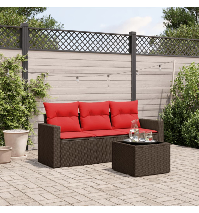 Salon de jardin 4 pcs avec coussins marron résine tressée | Mobilier & Déco